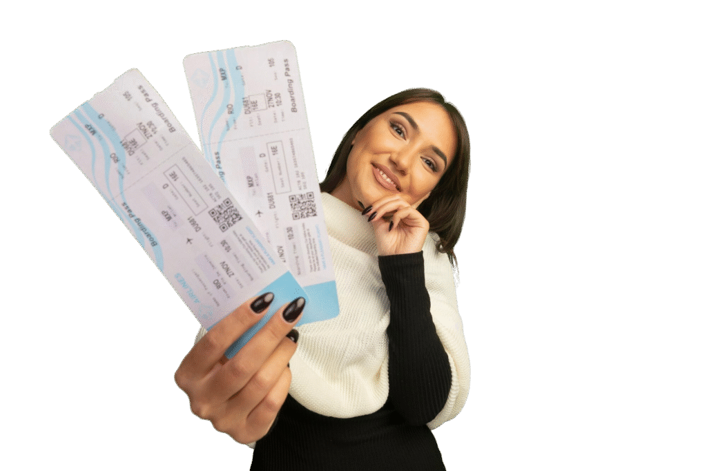 young woman with white scarf showing air tickets with smile face happy positive